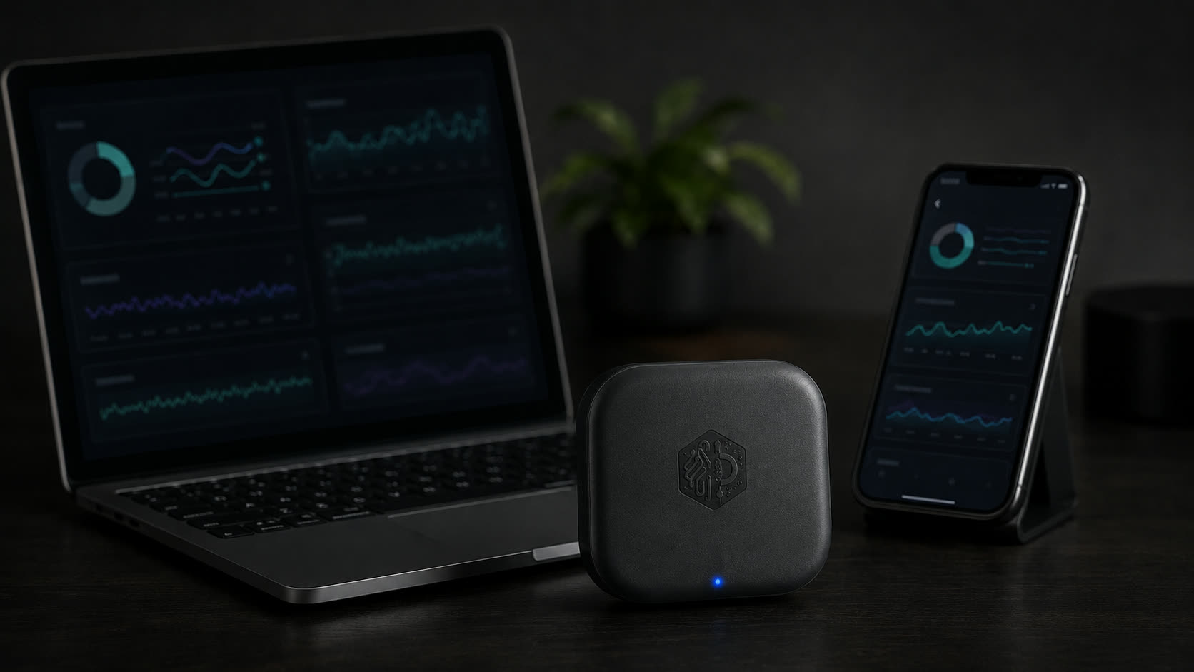 The MachineDigit wearable case beside the session dashboard on a laptop and phone