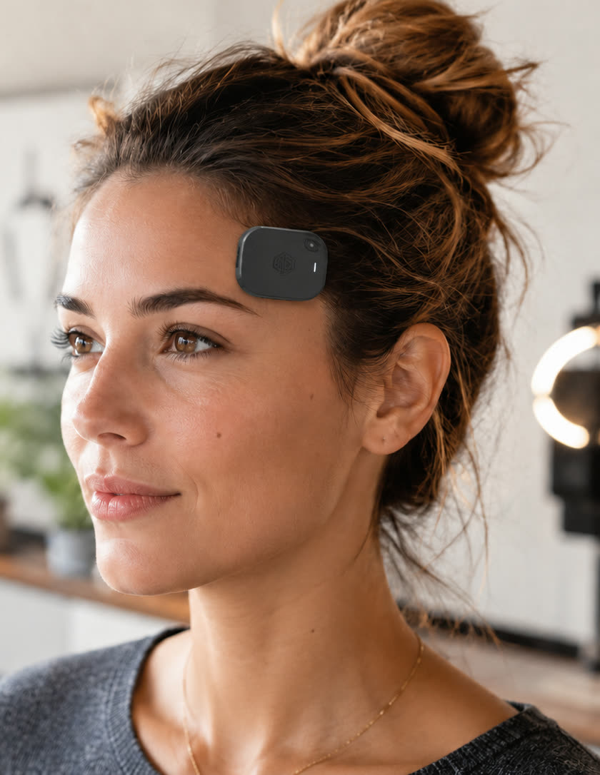 PsiCore, the MachineDigit temple-patch sensor, worn above the eyebrow during a test session